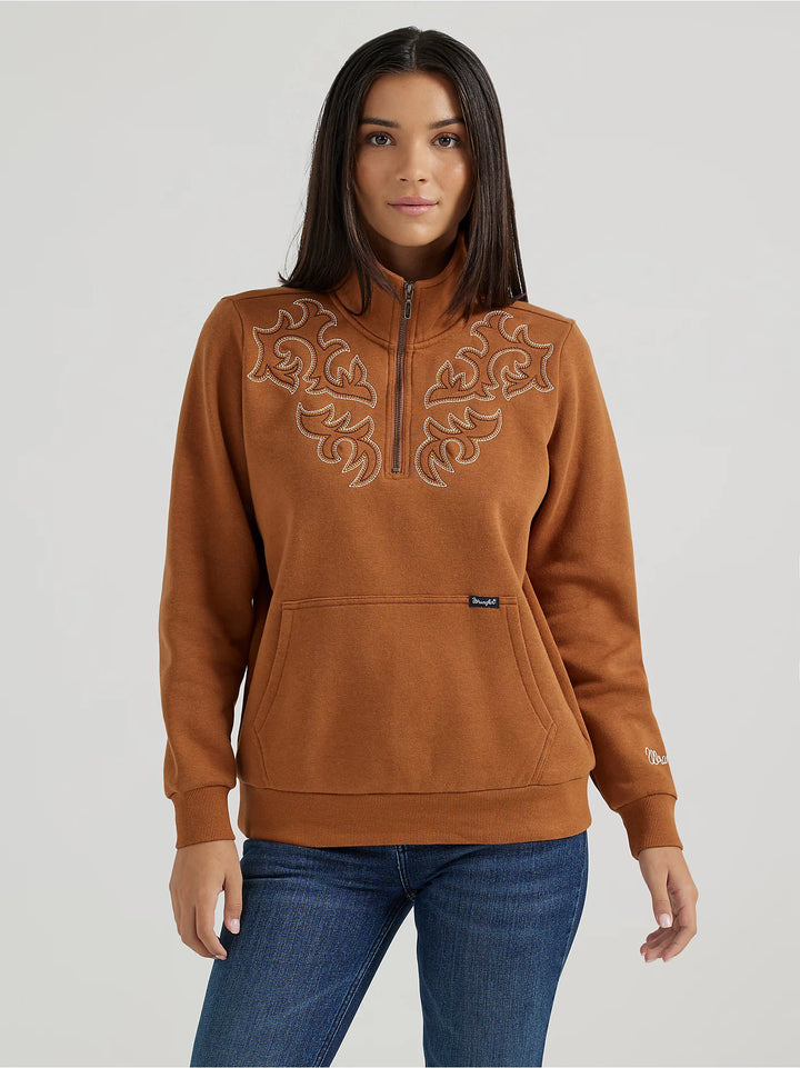 Wrangler - Women's 1/4 Zip Western Stitch Yoke Sweatshirt