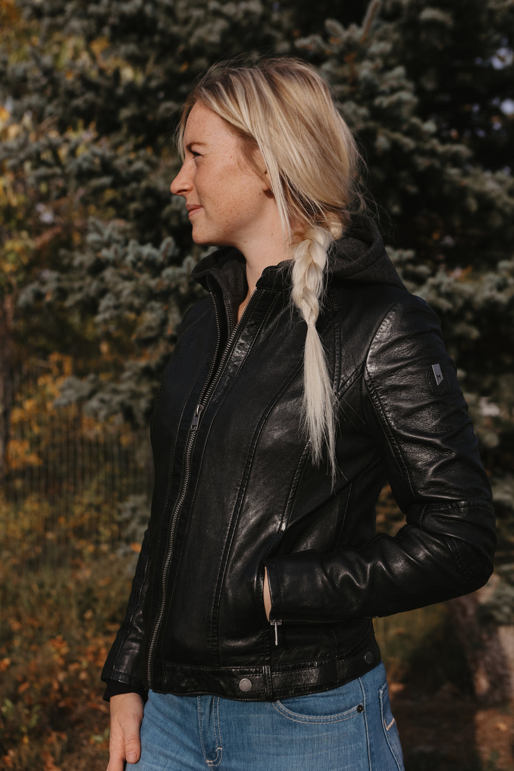 Mauritius - Women's Yoa Black Leather Jacket w/ Hood