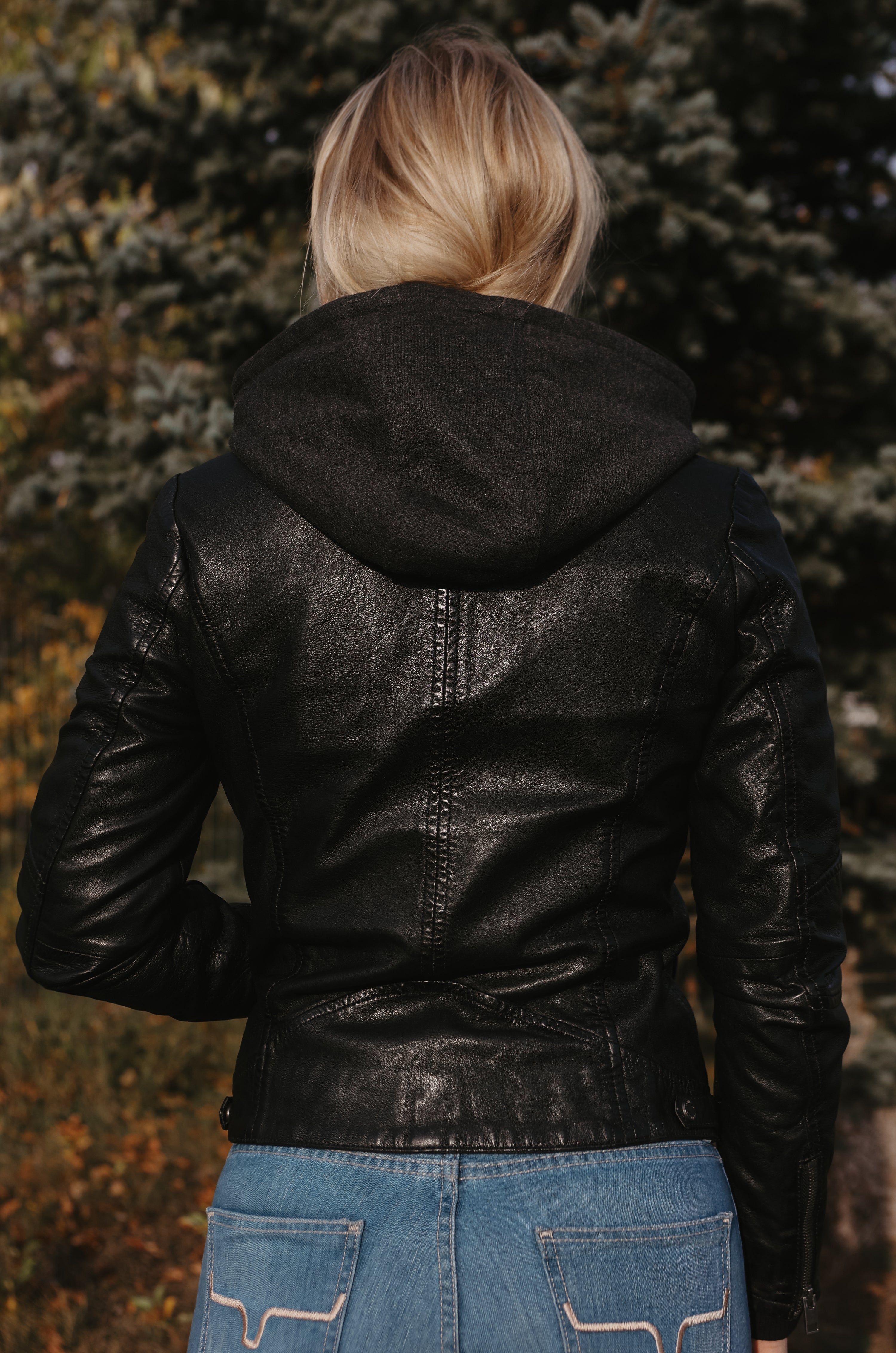 Mauritius - Women's Yoa Black Leather Jacket w/ Hood