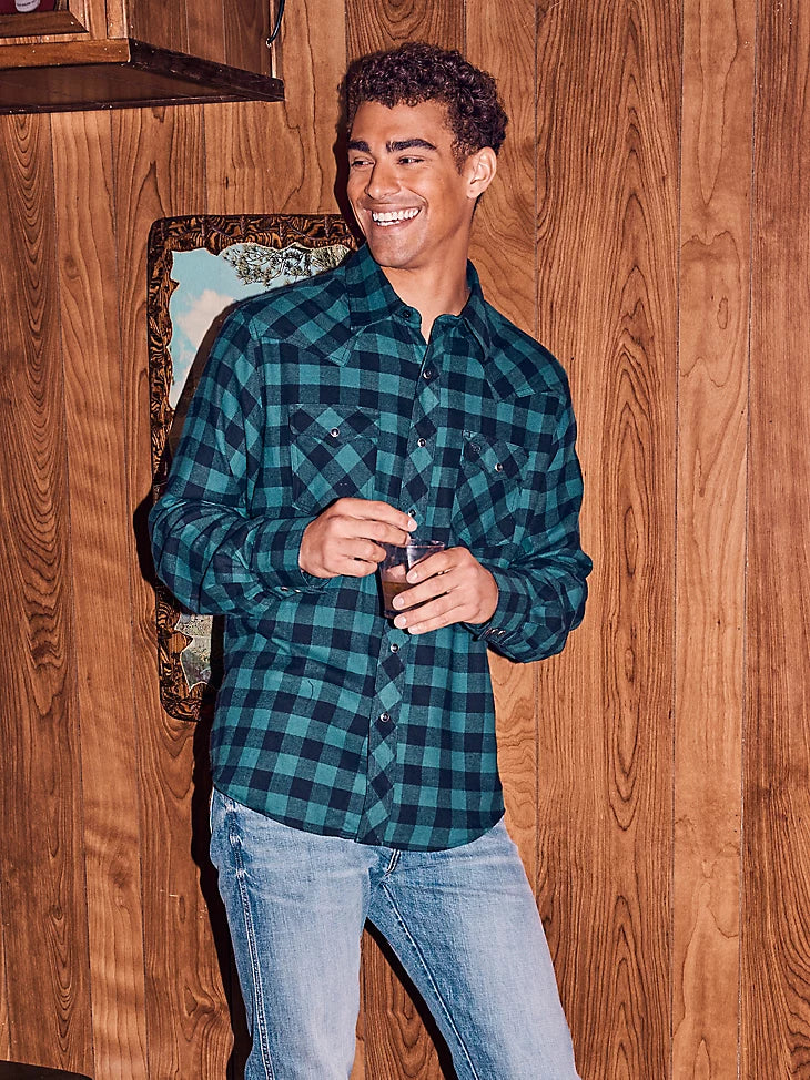 Wrangler - Men's Long Sleeve Flannel Snap Shirt Retro Western Plaid