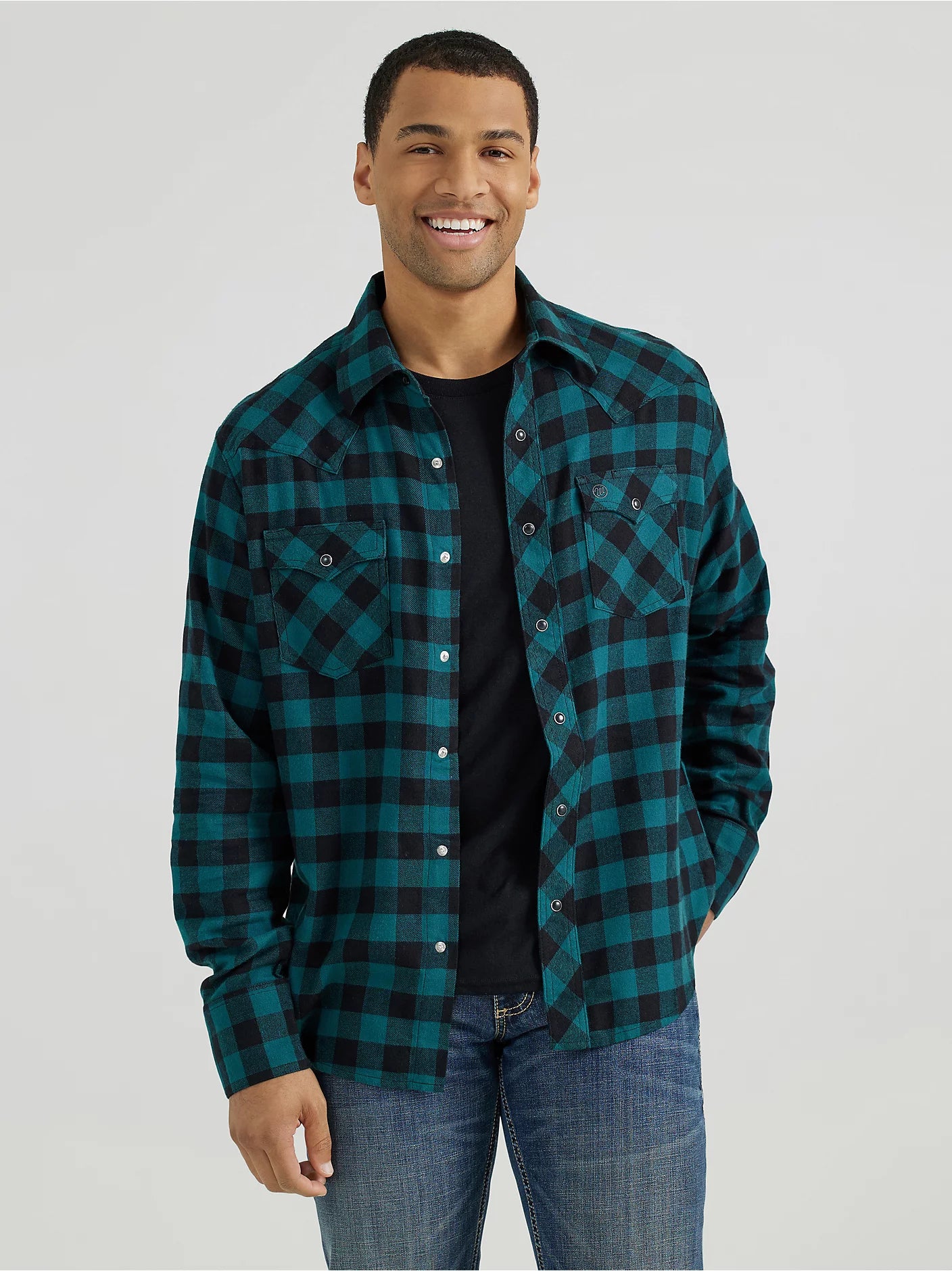 Wrangler - Men's Long Sleeve Flannel Snap Shirt Retro Western Plaid