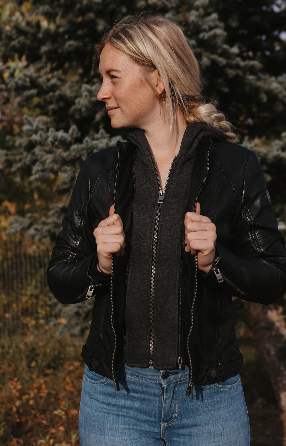 Mauritius - Women's Yoa Black Leather Jacket w/ Hood
