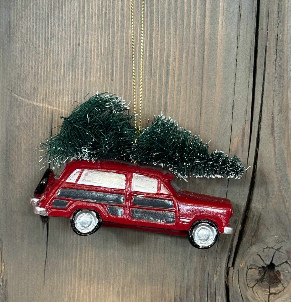 Christmas - Evergreen Enterprises - Red Polystone Truck and Station Wagon Ornament