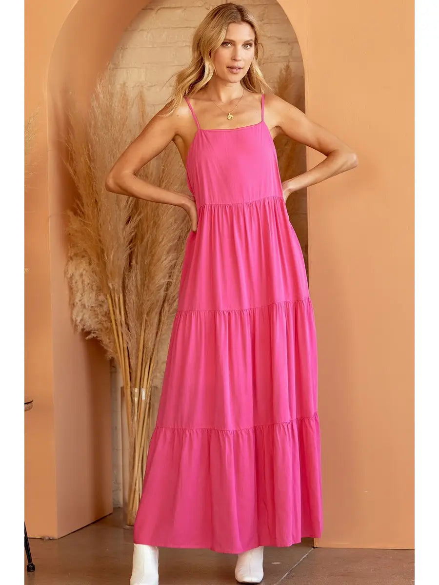 Women's Summer Solid Tiered Long Dress (Pink Only)